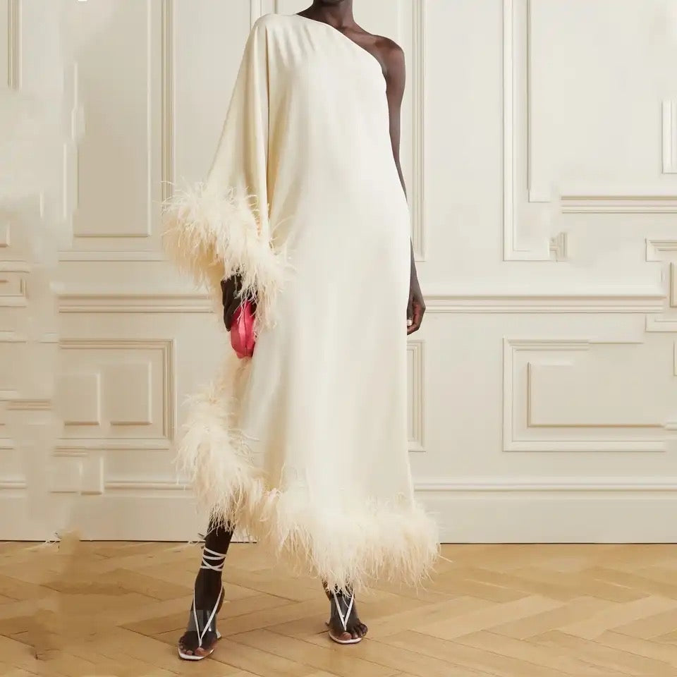 Paje one-shoulder feather-trimmed crepe maxi dress