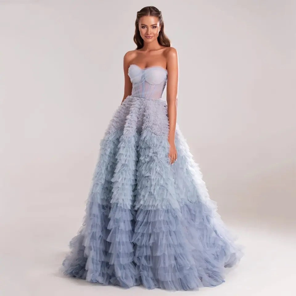 Sara Ruffles Tulle Evening Gown