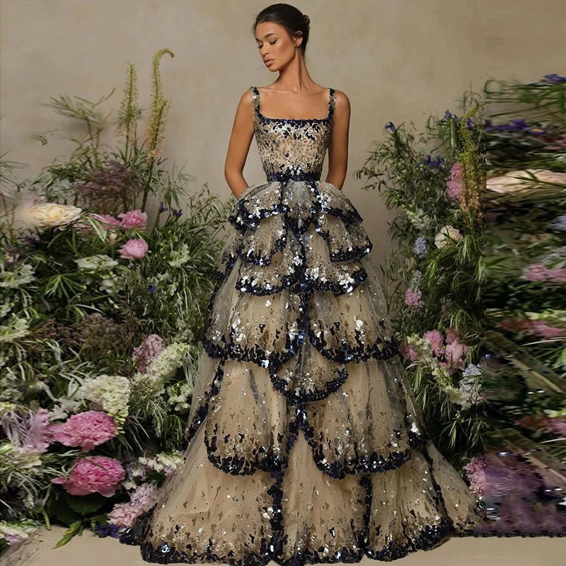 Sequin Tiered Ruffles Elegant Evening Dress