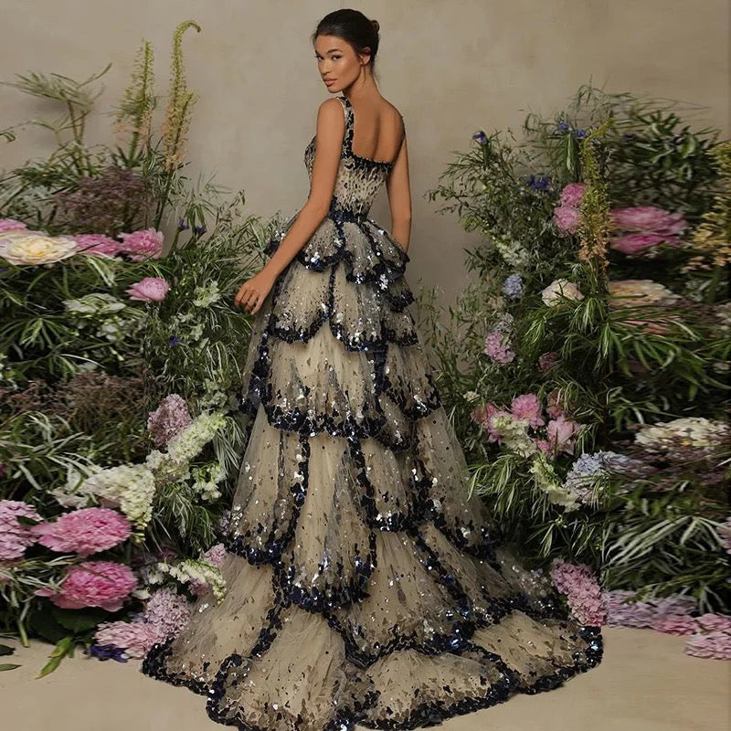 Sequin Tiered Ruffles Elegant Evening Dress
