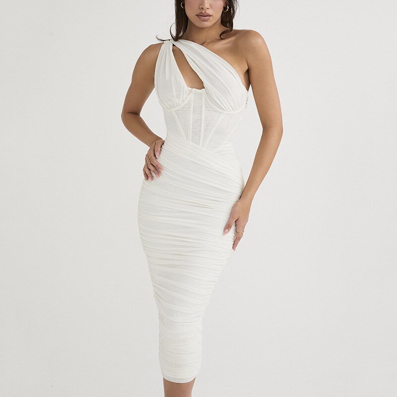 ROUCHED MESH ONE SHOULDER MIDI DRESS