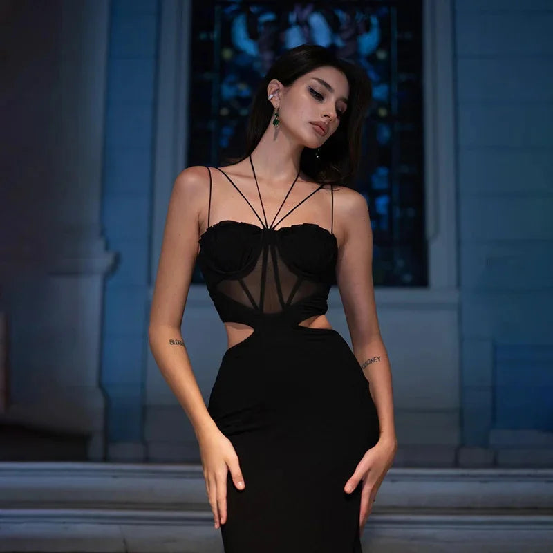 Sultry Mesh Cut Out Maxi Dress