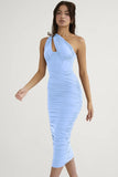 ROUCHED MESH ONE SHOULDER MIDI DRESS