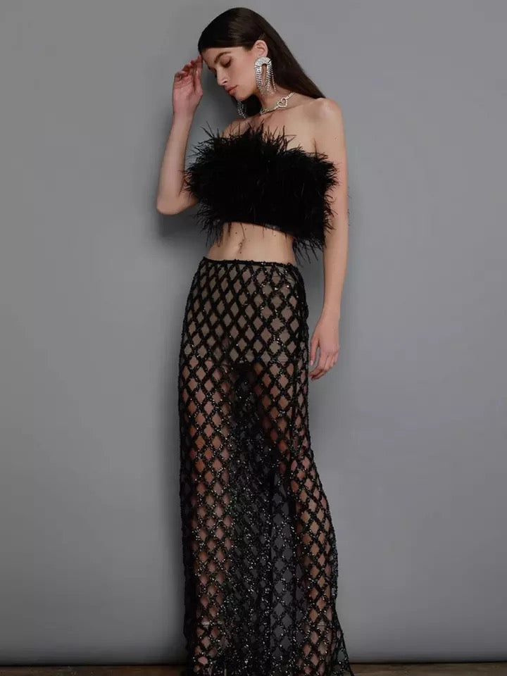 Feather Bandage Cropped Top &  Long Skirt