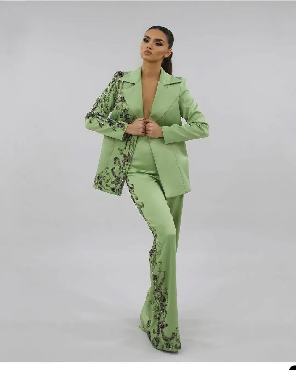 Crystals 3 Pcs Women Suits Sets Blazer+Corset Top+Pants Luxury