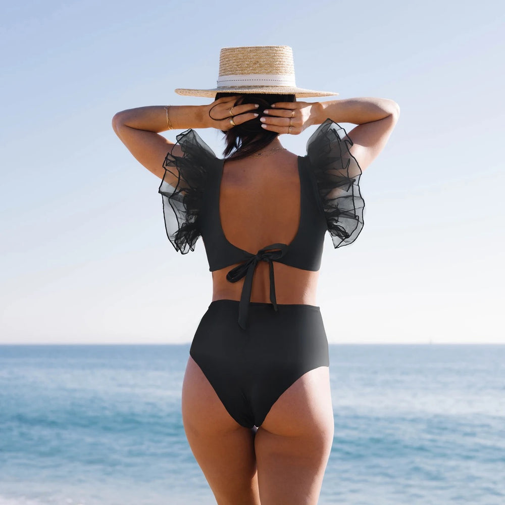 Sexy Long Sleeve Cut Out Bandage Swimwear Women Black Swimsuit Mesh Bathing  Suit
